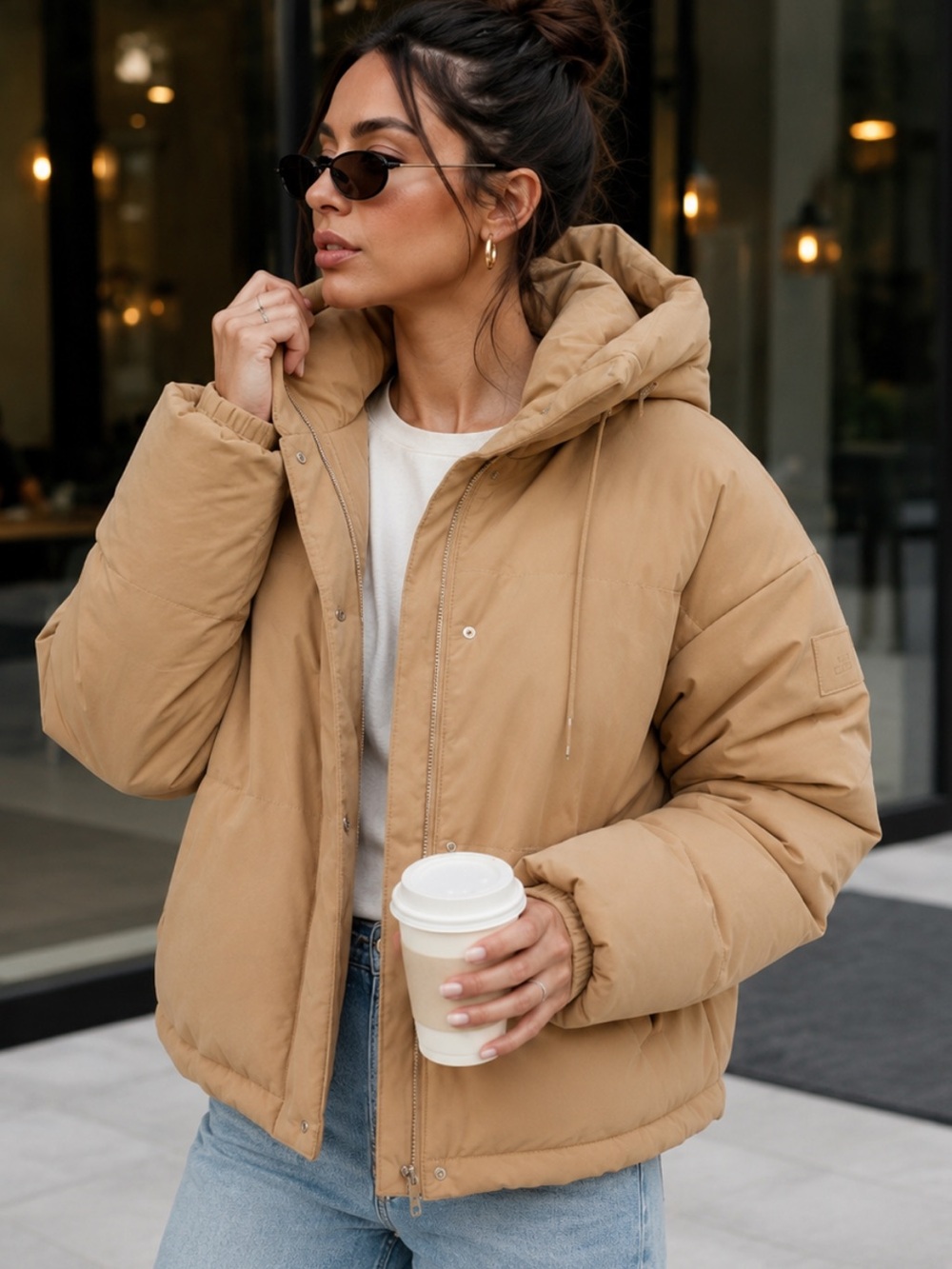 Calia Hooded Puffer Jacket in Camel